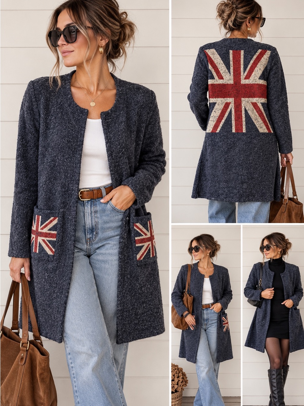 Casting LA Charcoal Grey Union Jack Flag Cardigan Long Open-Front | Size M